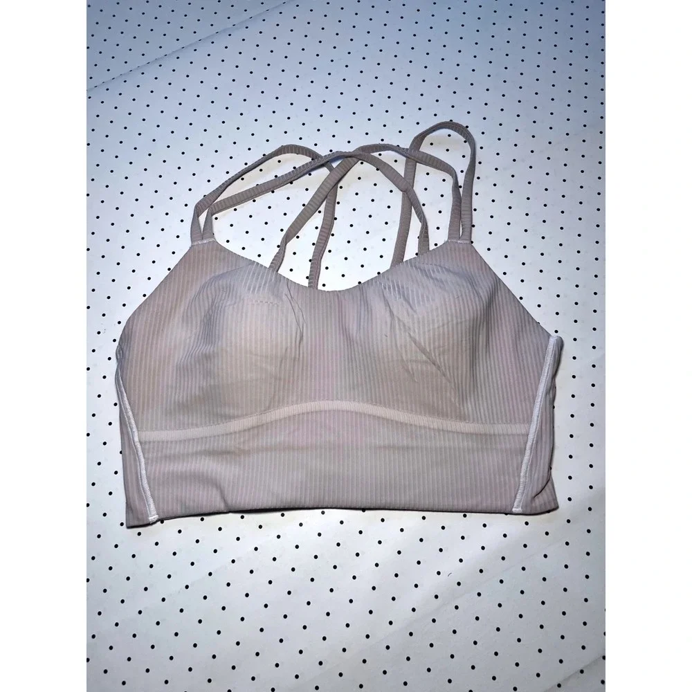 Lululemon Ribbed Longline Sports Bra Womens Light Taupe Strappy Back Yoga Bra